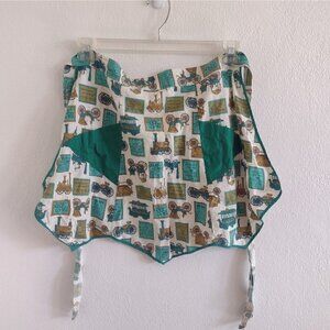 Vintage Waist Apron Handmade Cotton Triangle Pockets Green Car Train Railroad